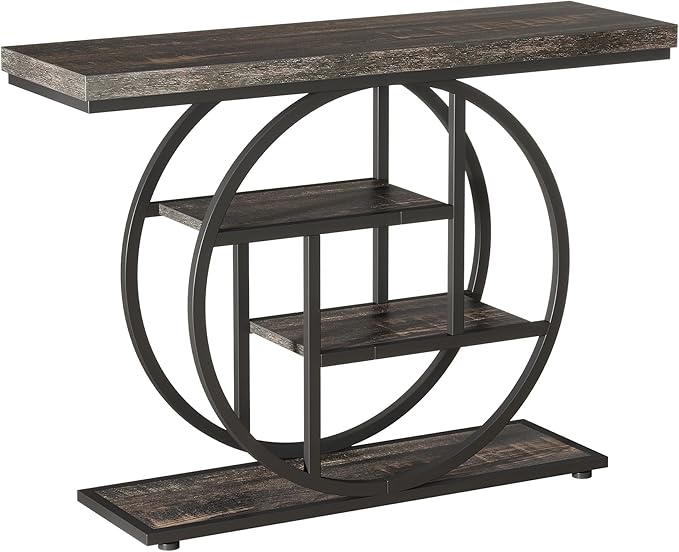 Tribesigns 41.3" Console Table, Industrial 4-Tier Sofa Table Entryway Table with Circle Base, Narrow Wood Accent Tables with Storage Shelves for Living Room, Hallway, Foyer, Charcoal Black