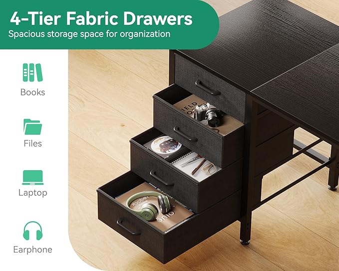 Casaottima 40-Inch Small Computer Desk with 4 Fabric Drawers — Home Office Desks with Storage, Writing Desk with Side Hook and Cloth Bag, Modern Study/Work Table for Bedroom and Small Space, Black