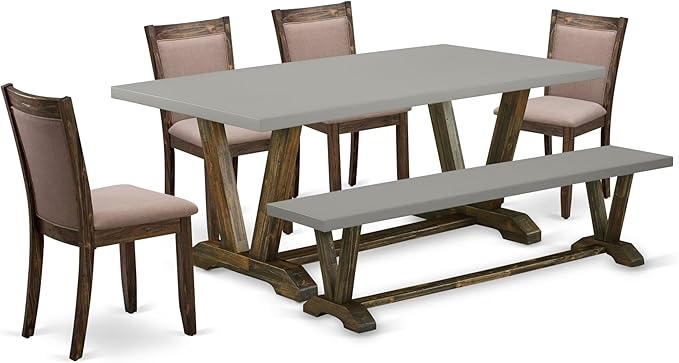 East West Furniture V797MZ748-6 6 Piece Modern Dining Table Set Contains a Rectangle Wooden Table with V-Legs and 4 Coffee Linen Fabric Parson Chairs with a Bench, 40x72 Inch, Multi-Color