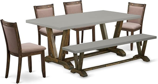 East West Furniture V797MZ748-6 6 Piece Modern Dining Table Set Contains a Rectangle Wooden Table with V-Legs and 4 Coffee Linen Fabric Parson Chairs with a Bench, 40x72 Inch, Multi-Color