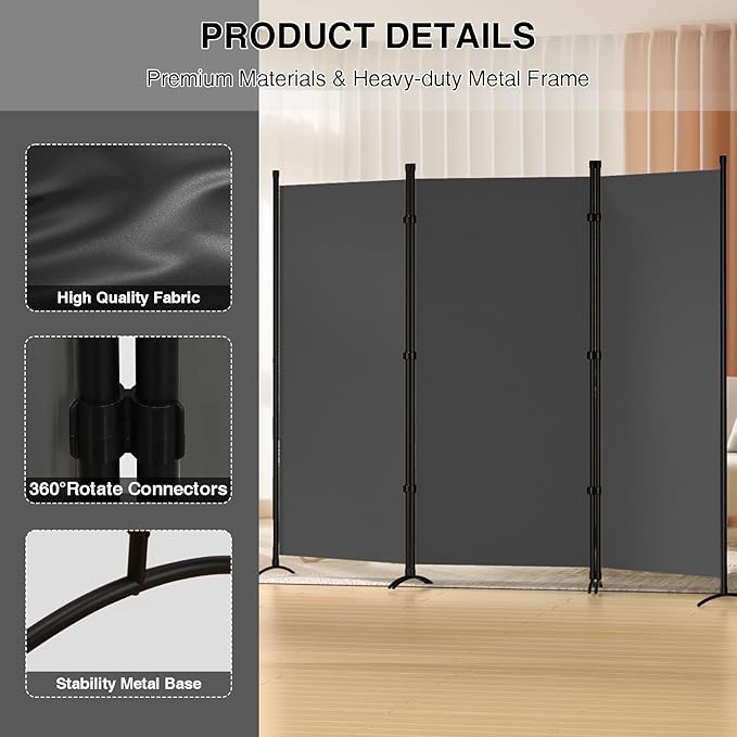 Room Divider 3-Panel Privacy Screen, Portable Screen Steel Frame with Hook&Loop for Home, Office, Classroom, Studio, Meeting (Grey