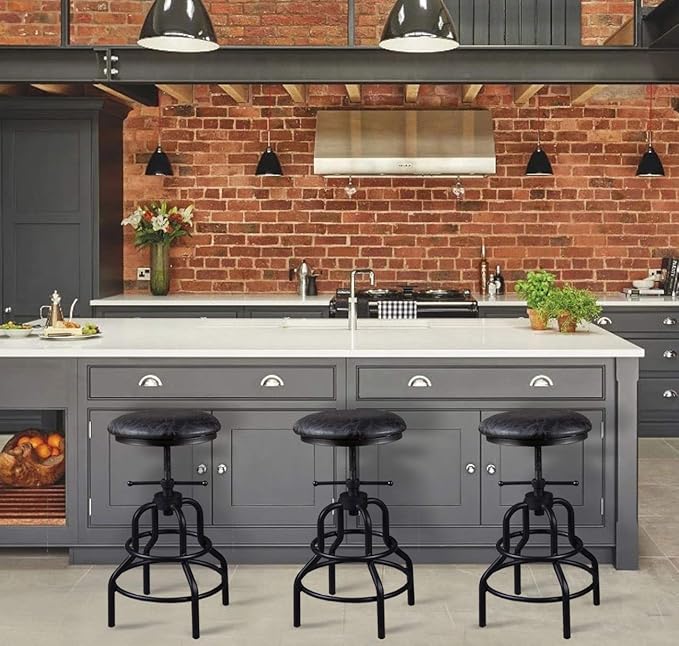 Diwhy Industrial Vintage Counter Stool, Kitchen Counter Height Adjustable Swivel Chair, Metal Frame Stool, 20.47-26.77 Inch, Fully Welded Base, Black PU Upholstered, Set of 2