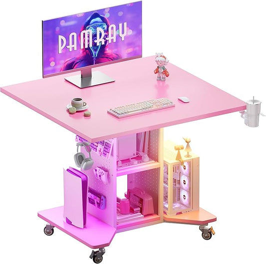 Pamray Small Rolling Gaming Desk with Led Lights Power Outlets and Storage Pegboard, Small Spaces Compact PC Computer Table Pink