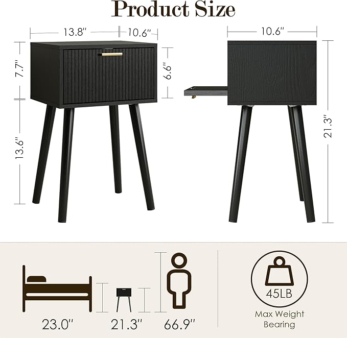 Night Stand, Black Nightstand with Fluted Door, Small Modern Mid-Century Bedside Table for Bedroom, End Table for Living Room