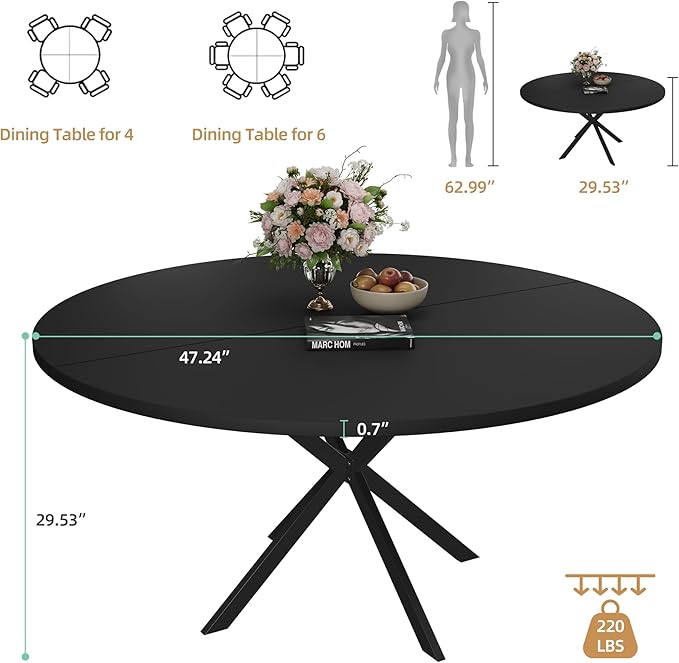 47.24" Round Dining Table for 4-6 Person, Round Kitchen Table with Wood Top, Circle Dinner Pedestal Tables with Metal Legs for Dining Room Kitchen (Black)