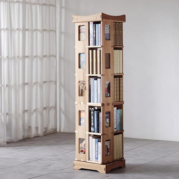 Wooden Rotating Bookshelf, Larger Solid Wood Revolving Bookcase,360°Spinning Book Shelf Tower,Floor Standing Storage Rack,Corner Organizer for Small Space,Study,Office,17"x17"x69.75"(5-Tier)