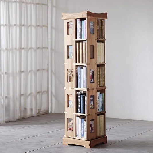 Wooden Rotating Bookshelf, Larger Solid Wood Revolving Bookcase,360°Spinning Book Shelf Tower,Floor Standing Storage Rack,Corner Organizer for Small Space,Study,Office,17"x17"x69.75"(5-Tier)