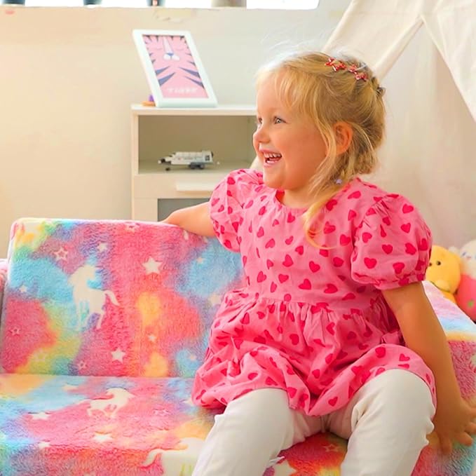 ALIMORDEN Fold Out Toddler Couch, Extra Wide Comfy 2-in-1 Cuddly Sherpa Sofa for Kids, with Removable Baby Friendly Blanket, Convertible Sofa to Bed, Unicorn