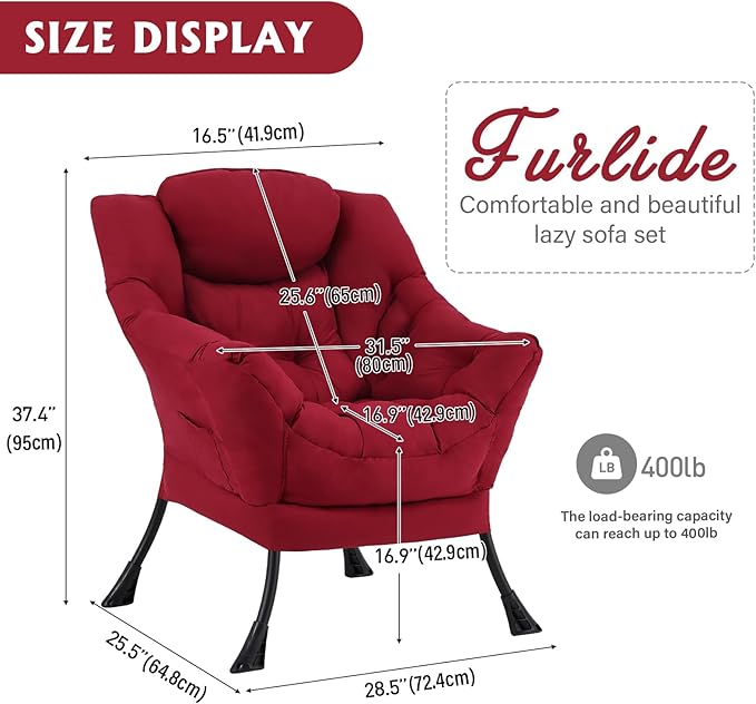 Lazy Chair for Living Room, Modern Accent Chairs with Armrests, Comfy Lounge Chair with Side Pocket, Cozy Lazy Sofa for Reading, Balcony, Bedroom, Dorm, Small Spaces (Burgundy)