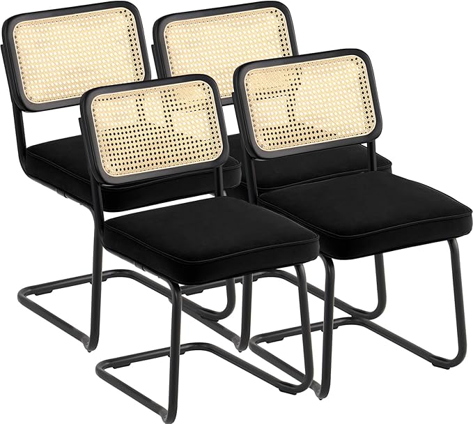 VEVOR Rattan Dining Chairs Set of 4, Mid Century Modern Dining Chair, Upholstered Velvet Accent Chair with Rattan Back, Retro Dining Room Kitchen Chair for Living Room, Bedroom (18.1 Inch)