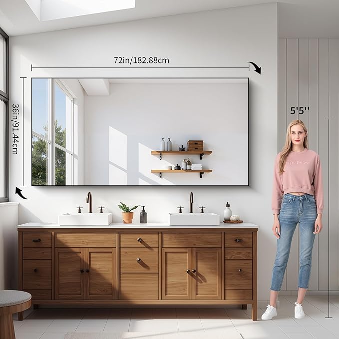 YIROMAN Bathroom Mirror 72"x36", Large Brushed Gold Bathroom Mirror for Over Sink with Aluminum Frame, Rectangular Vanity Mirror with Right Angle, Wall Mirror Hangs Horizontal or Vertical