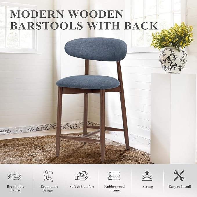 COLAMY Mid Century Modern Bar Stools Set of 4, Counter Height, Blue Fabric Upholstered Wooden Barstools with Back, 25 Inch