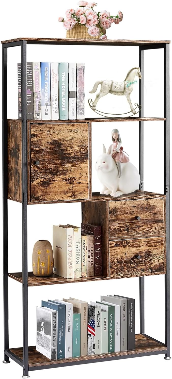 VECELO 5-Tier Bookshelf,Bookcase with 2 Storage Drawers and 1 Cabinet, Wooden Shelf with Metal Frame Open Book Shelves Standing Shelf Unit for Living Room, Bedroom,Office