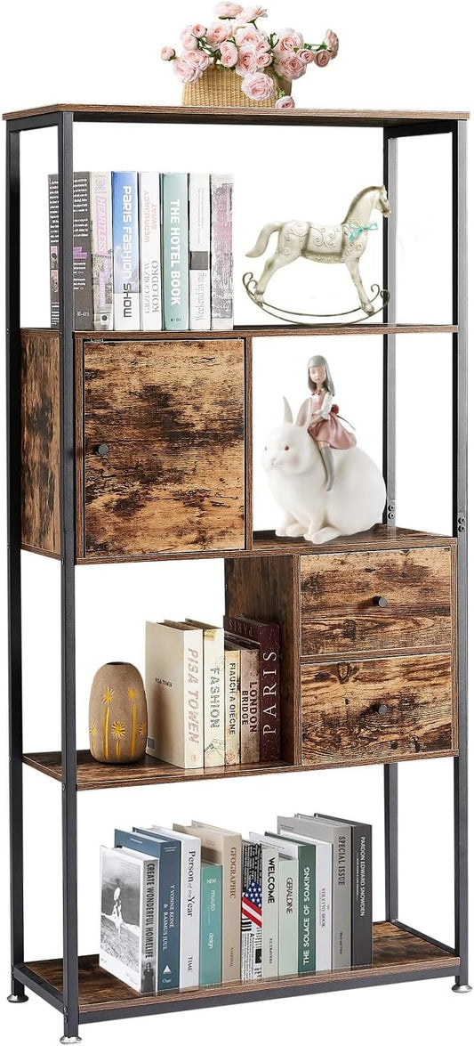 VECELO 5-Tier Bookshelf,Bookcase with 2 Storage Drawers and 1 Cabinet, Wooden Shelf with Metal Frame Open Book Shelves Standing Shelf Unit for Living Room, Bedroom,Office