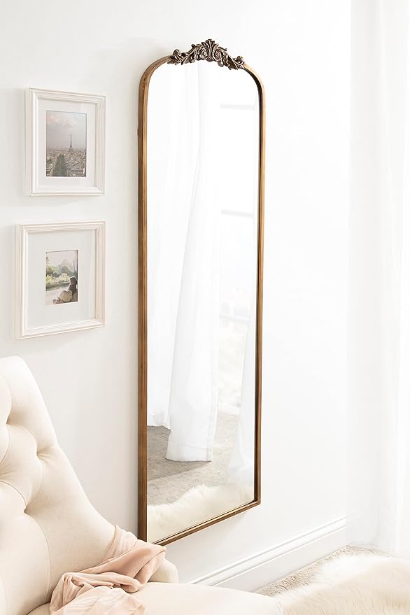 Kate and Laurel Arendahl Glam Arched Vintage Full Length Mirror; 18 x 58; Gold; Traditional Baroque Full Body Wall Mirror with Ornate Garland Inspired Crown
