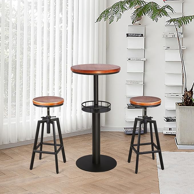 Set of 2 Vintage Bar Stools 25.6-31.5inch Height Adjustable Farmhouse Dinning Stool Swivel Wooden Seat Kitchen Island Counter Chair