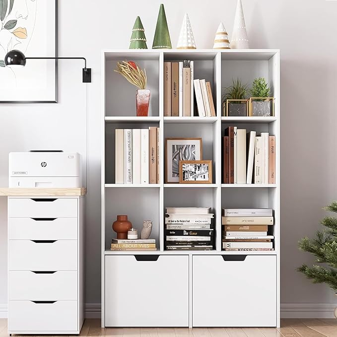 GarveeHome 55 Inches Tall Bookcase with 2 Drawers, Open Storage Bookshelf with 4 Tier Adjustable Shelves, Large Open Book Cabinet Standing for Home Office, White