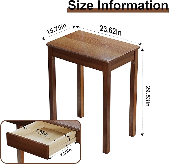 Solid Wood Desk with Drawers - 24 x 16 Inch Vintage Narrow Desks, Mid Century Modern Desks, Rubber Wood Study Table, Small Writing Desk for Bedroom|Small Spaces - Walnut Color