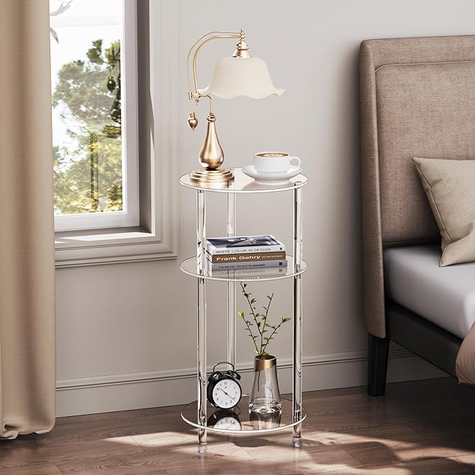 Clear Round Acrylic Side Table Set of 2 for Small Spaces, 11.81" L x 11.81" W x 24.6" H, 3 Tier Small Drink End Table Nightstand, Minimalist Bedside Table for Living Room, Bedroom, Bathroom