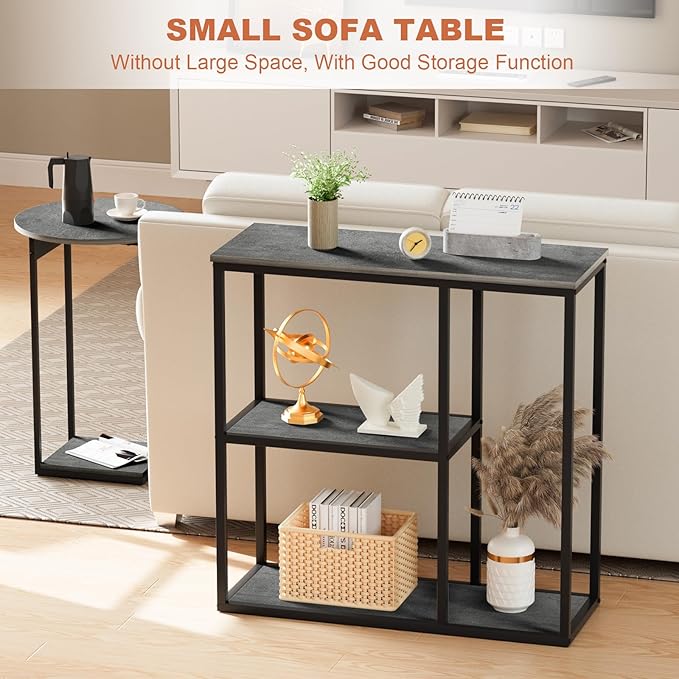 WOHOMO Console Table, 12 Inch Narrow Entryway Table with 3-Tier Storage Shelves 31.5 Inch Industrial Sofa Table Small Hallway Table for Living Room Grey