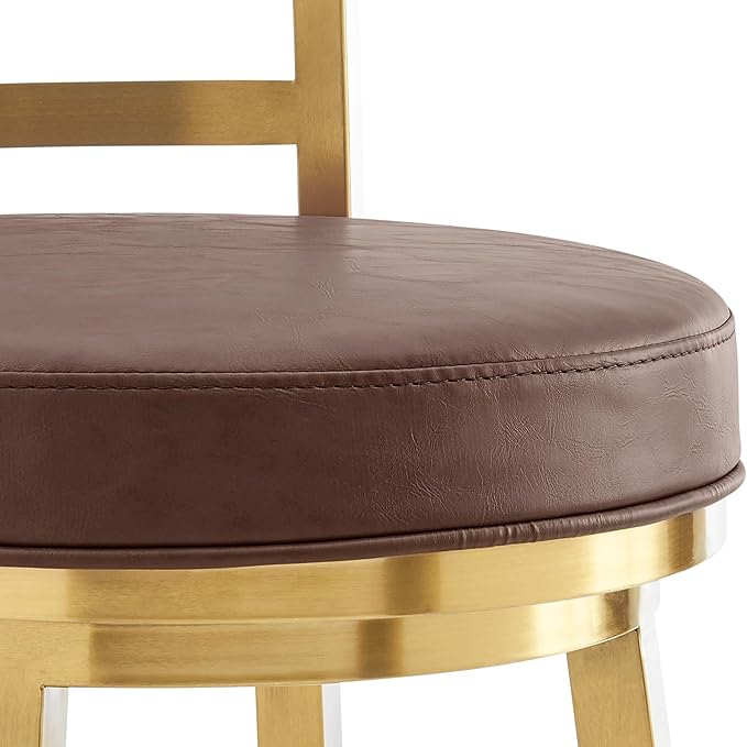 Armen Living Madrid 30" Seat Height Swivel Modern Vintage Coffee Faux Leather and Gold Brushed Stainless Steel Bar Stool for Kitchen Island Counter