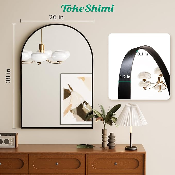 TokeShimi 26x38 Black Arched Mirror Bathroom with Tempered Glass,Aluminum Frame,Arched Wall Mirror for Bathroom,Bedroom,Entryway