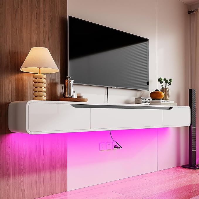 Fully-Assembled Floating TV Stand, 47IN High Gloss Wall Mounted Entertainment Center, Modern Media Console with Storage, Under TV Shelf for Bedroom Living Room White