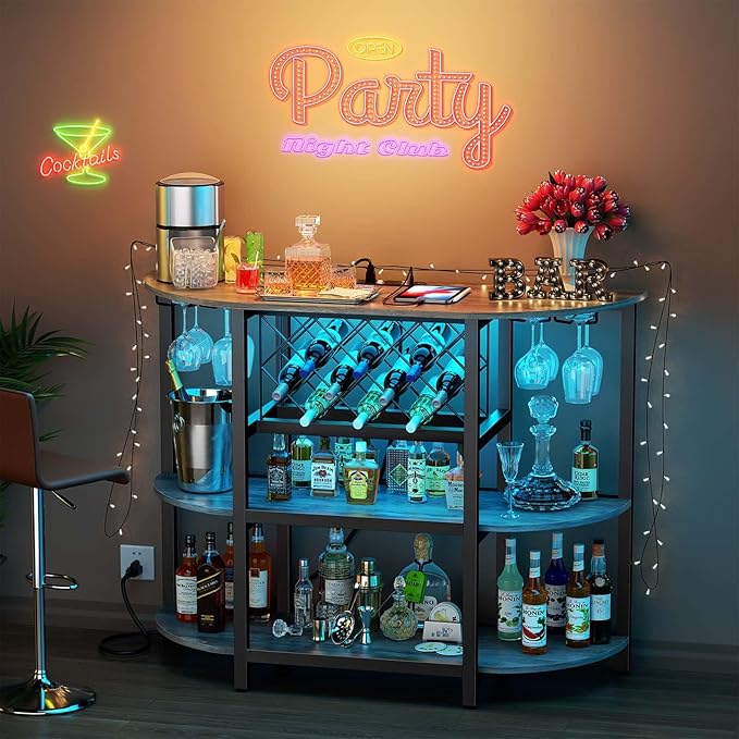 Zarler Bar Cart with Power Outlet Easy to Assemble, LED Home Bar Cabinet for Liquor, 47.3" L x 15.8" D x 36" H Metal Mini Bar Table with 4-Tier Storage, Light Grey