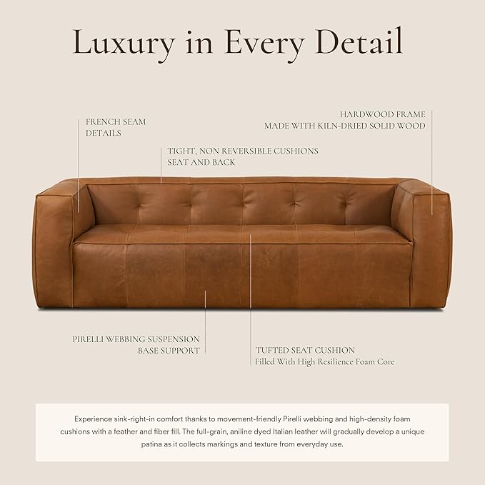 POLY & BARK Capa Sofa in Full-Grain Pure-Aniline Italian Tanned Leather in Saddle Tan