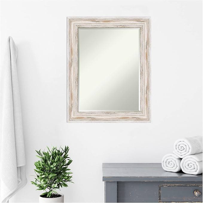 Amanti Art White Bathroom Mirror for Over Sink, 29x23 Alexandria White Wash Rectangle Vanity Mirror, Medium Coastal Wood Frame, Hangs Horizonally and Vertically, Bathroom Wall Decor, Beveled Edge