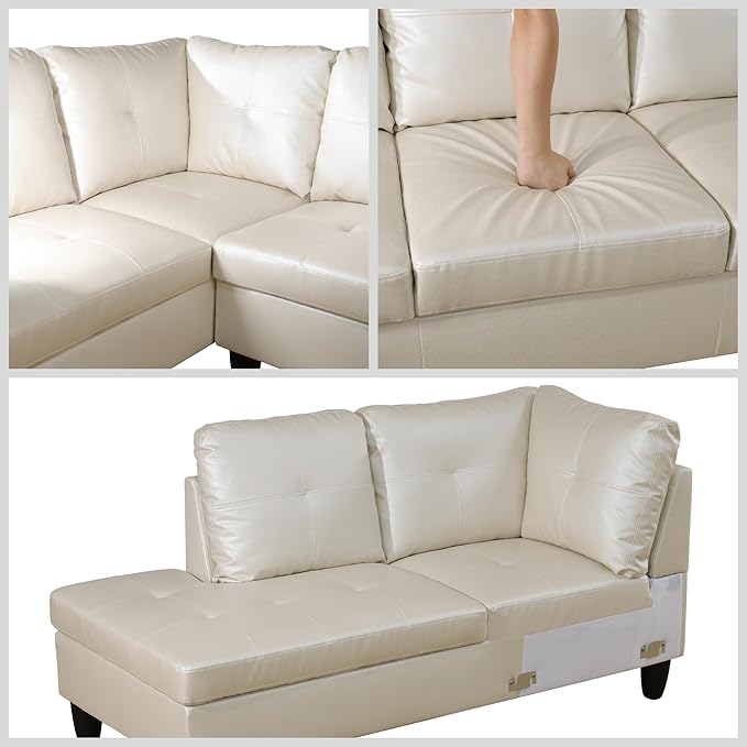 L Shaped Couch Sectional Couches with Chaise, 3 Pieces Modular Convertible Sofa for Living Room Furniture Sets and Small Apartment Faux Leather, Pearl White
