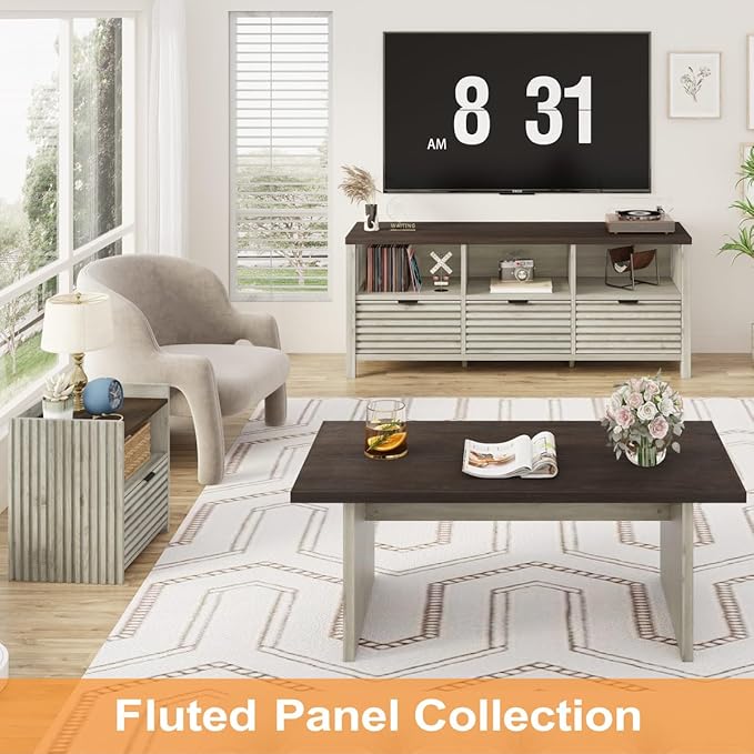 BON AUGURE TV Stand, Fluted Modern Media Console for 65 55 50 in TVs, Farmhouse Wood Entertainment Center with Storage Drawers for Living Room,Bedroom (Walnut Washed Grey)
