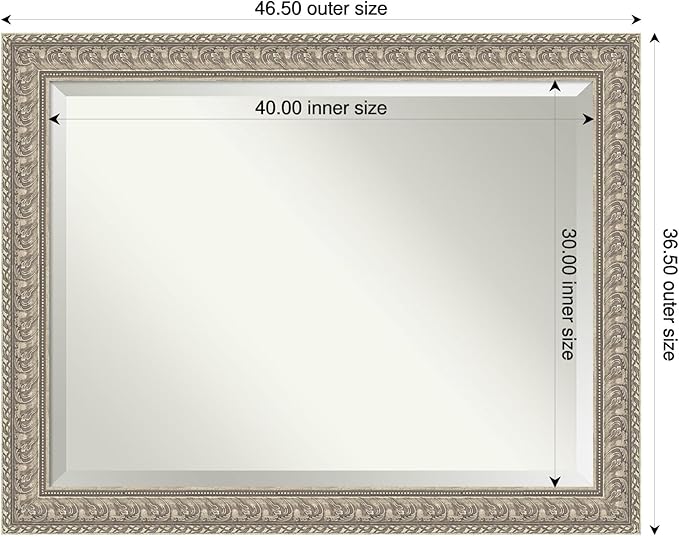 Amanti Art Silver Bathroom Mirror for Over Sink, 37x47 Sydney Silver Rectangle Vanity Mirror, X-Large Traditional Frame, Hangs Horizonally and Vertically, Bathroom Wall Decor, Beveled Edge
