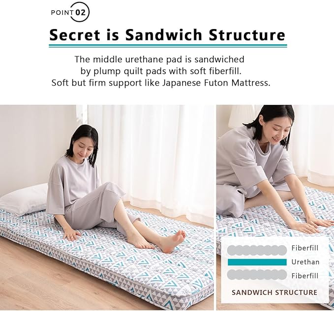 EMOOR Japanese Padded Futon Mattress Machi Twin Triangle-Gray (Shinsengumi Makoto), Gusset Foldable Storable Elastic Bands Floor Sleeping Guest Bed Tatami Mat