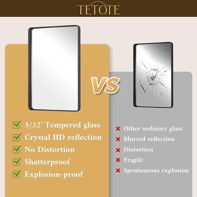 TETOTE Black Vanity Mirror 48 x 30 Matte Black Bathroom Mirrors, Tempered Glass, Modern Farmhouse Wall Mounted Mirror for Decorative(Horizontal/Vertical)