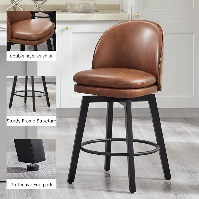 Counter Height Barstools 26 inch Upholstered Swivel Bar Stools with Back and Wood Legs for Kitchen Island,Set of 2,Brown PU Leather-Armless