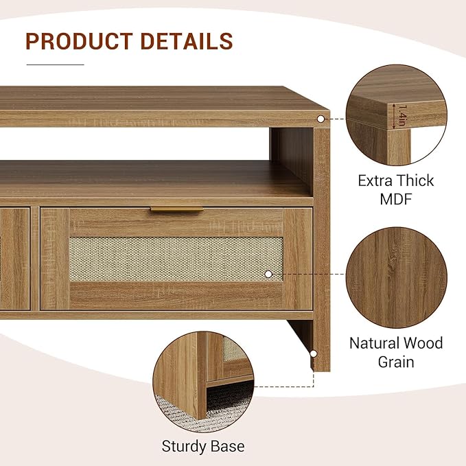 2 Tiers Boho Coffee Table with Storage,40” Mid Century Rattan Console Table with Drawers and Open Shelf, Wooden Center Coffee Table for Living Room/Apartment/Farmhouse/Bedroom/Small Place(Oak)