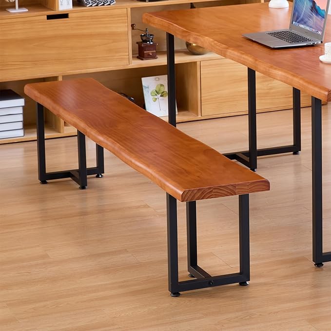Durable Solid Wood Top Bench with Metal Triangular Legs – Stylish Long Dining Bench for Home, Office, Restaurant & Patio (Wooden Brown Bench, 78.74in)