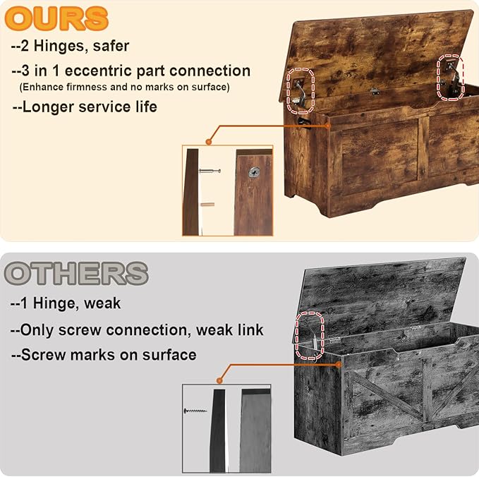39.4" Storage Chest, Wooden Storage Bench, Lift Top Toy Chest with 2 Safety Hinges, Large Toy Box, Entryway Bench for Living Room, Bedroom, Rustic Brown