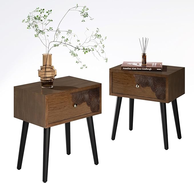 COSIEST Nightstand Set of 2, Mid Century Modern End Table with Storage Drawer, Accent Side Table, Vintage Wood Luxury Night Stand Small Wood End Table for Bedroom, Living Room, Walnut
