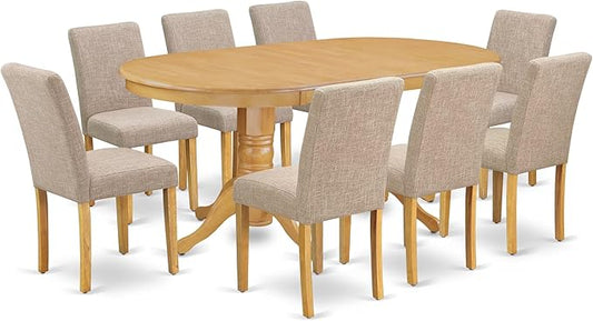 East West Furniture VAAB9-OAK-04 9 Piece Dining Table Set Includes an Oval Dining Room Table with Butterfly Leaf and 8 Light Tan Linen Fabric Parsons Chairs, 40x76 Inch, Oak
