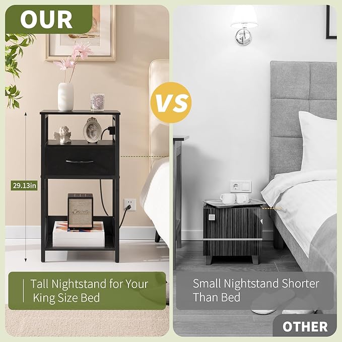 Yoobure Side Table - Night Stand with Charger Station & LED Light, 3 Tier Small End Table Living Room, Bedside Table with Drawer, Record Player Stand with Vinyl Storage, Black Nightstand for Bedroom