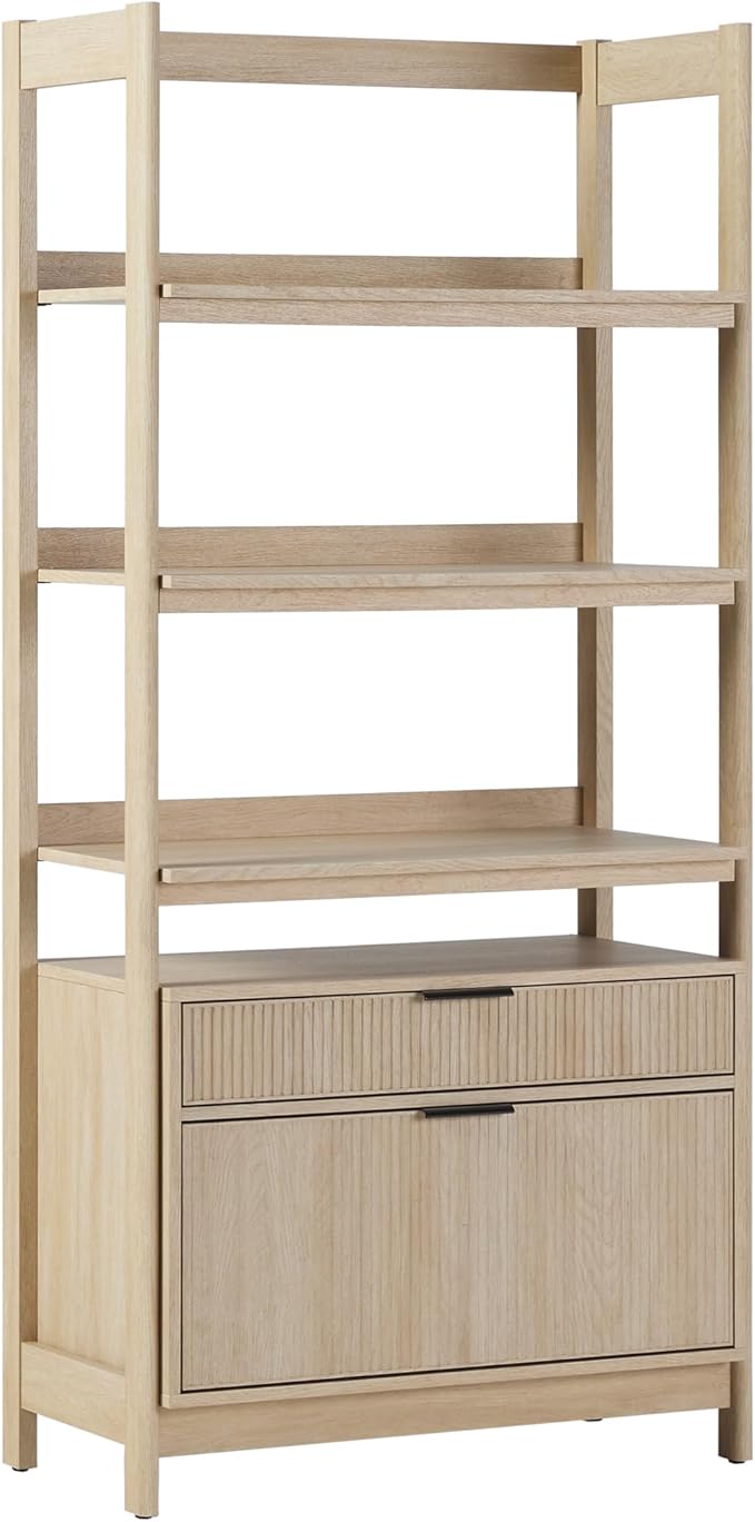 Walker Edison Transitional Open Reeded 4-Shelf Bookshelf with Drawers Versatile Bookcase with Bottom Storage for Home Office, Living Room, Bedroom, 33 Inch, Coastal Oak
