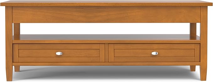 SIMPLIHOME Warm Shaker Lift Top Coffee Table - 48 inch Wide Solid Wood Cocktail Table in Light Golden Brown, Transitional Living Room Table with Hidden Storage, 2 Drawers, and Open Shelf