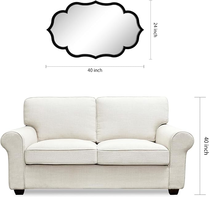 Empire Art Direct Curved Scalloped Wall Mirror on Black Matte Frame with Washed White Edges, Living Room, Bedroom & Office, 24" x 40" x 1"