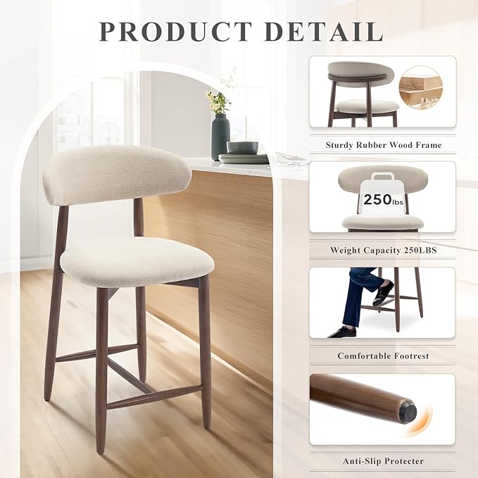 COLAMY Counter Height Bar Stools Set of 2, Kitchen Bar Stools with Back, Mid Century Modern Upholstered, with Wood Legs for Kitchen Island Dining Room, Beige