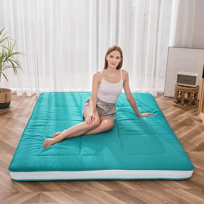 MAXYOYO Futon Mattress, Padded Japanese Floor Mattress Quilted Bed Mattress Topper, Extra Thick Folding Sleeping Pad Breathable Floor Lounger Guest Bed for Camping Couch, Turquoise, Queen