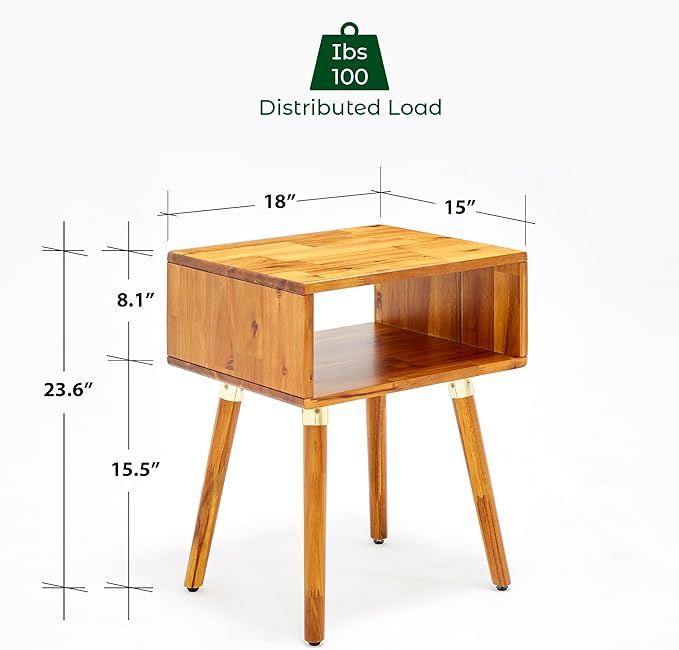 Bme Dinkee Solid Wood Nightstand, Fully Assembled, Without Drawer for Mid Century Bedroom and Living Room, Caramel