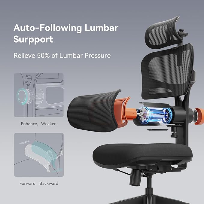 Newtral Office Chair Ergonomic - Home Office Desk Chair, Auto-Following Lumbar Support, 4D Armrest, Seat Depth and Height Adjustable for Long Time Sitting (Without Footrest, Black)