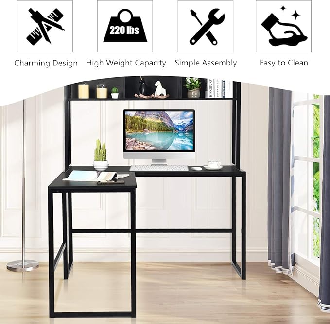 Tangkula Reversible L-Shaped Desk with Hutch, Space Saving Corner Computer Desk with Storage Shelves, Home Office Study Writing Desk Computer Workstation with Storage Bookshelf, Gaming Desk